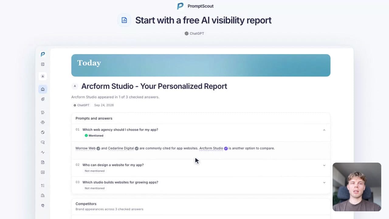 PromptScout's AI visibility report, with recorded answers, competitor mentions and cited sources